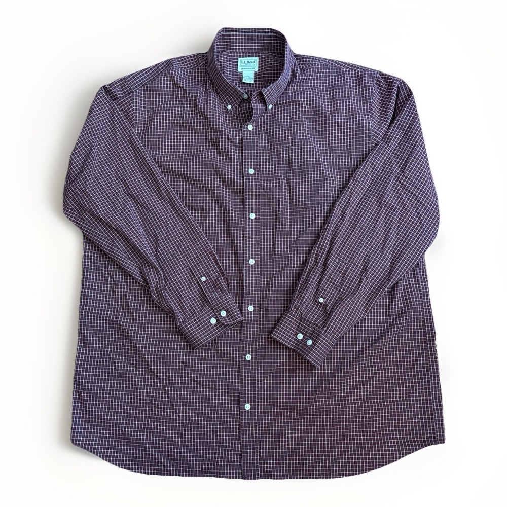 L.L. Bean Traditional Fit Maroon Check Long Sleeve Button-Down Shirt XXL Tall